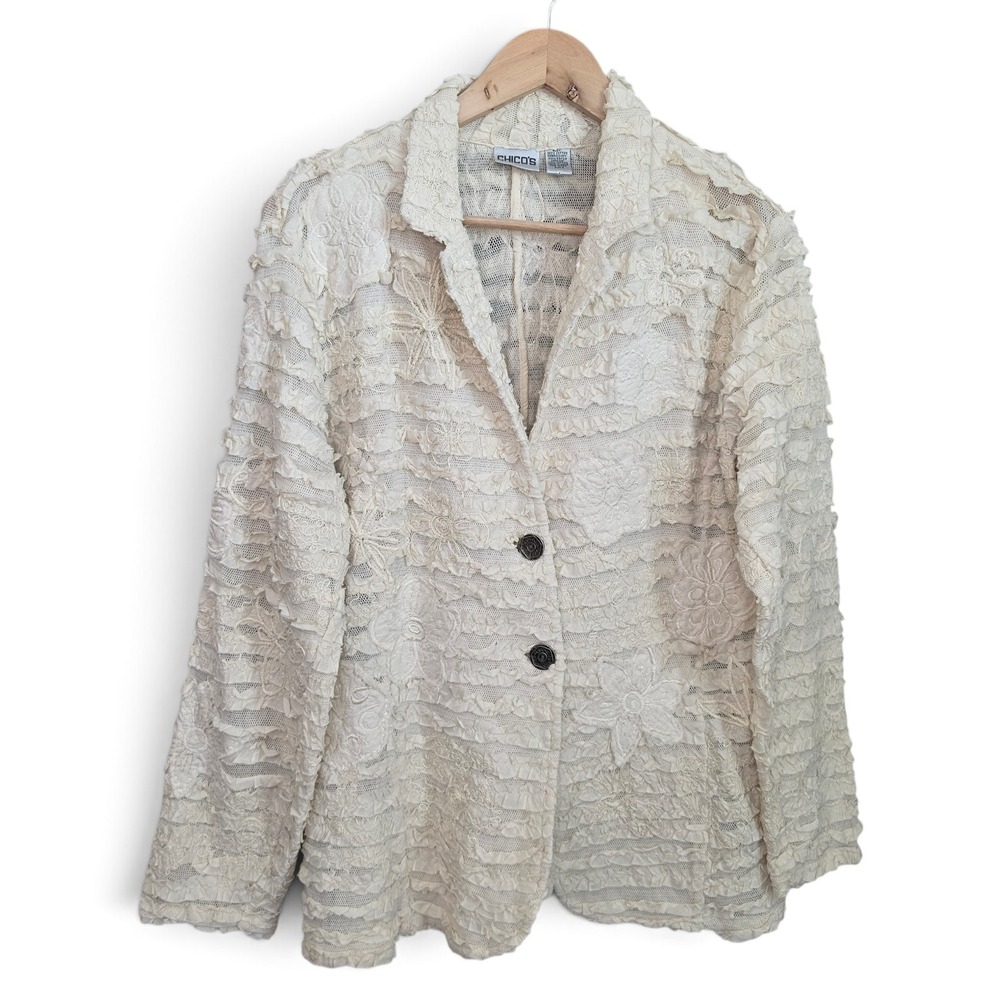 Chicos Jacket Womens 3 XL 16 Ivory Cream Lace Ruffle Embroidered Cardigan Blazer
